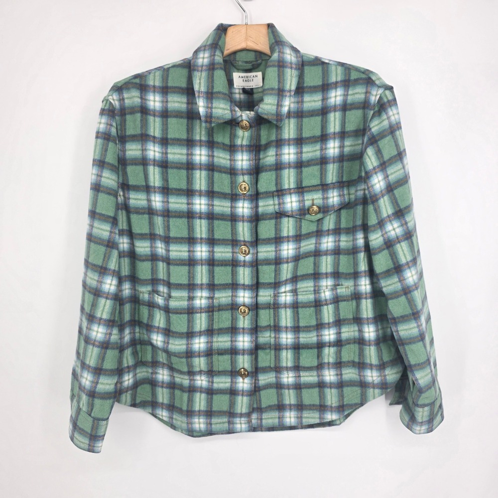 American Eagle Green Plaid Flannel Shirt Jacket Gold Crest Buttons Medium NWT
